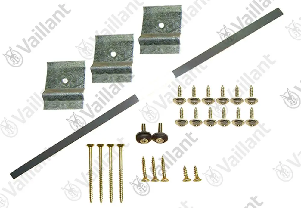 Montageset von Vaillant mit verschiedenen Schrauben, Halterungen und einer Metallstange zur Befestigung. Ideal für die Installation von Heizsystemen.